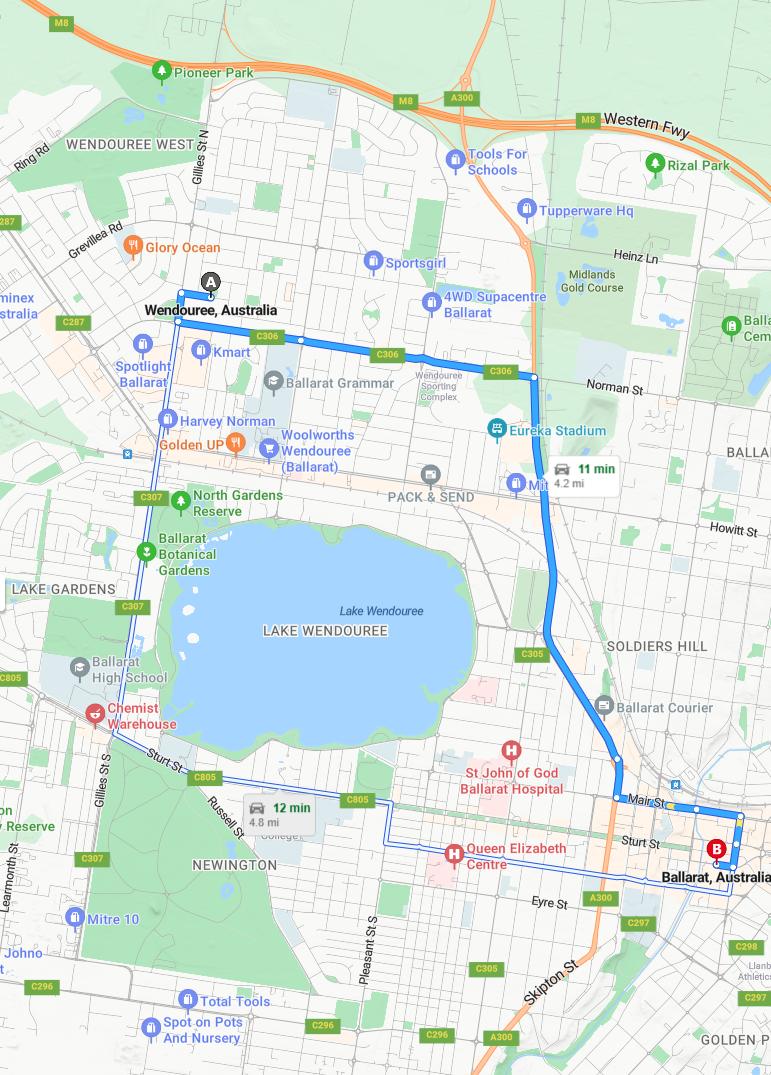 driving from Wendouree, Victoria to BallaratVictoria - map and route