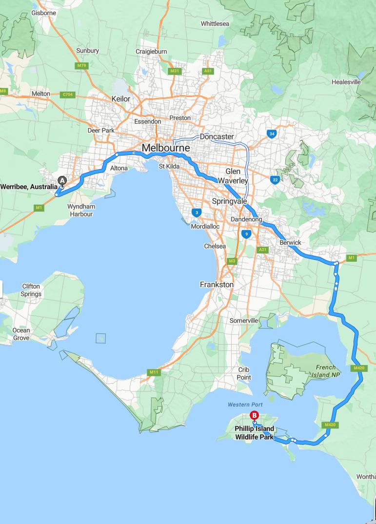 driving from Werribee, Victoria to Phillip IslandVictoria - map and route