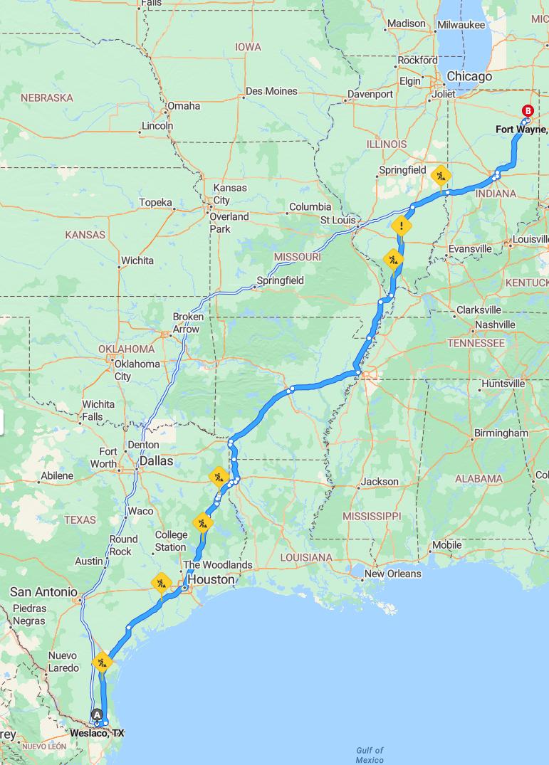 driving from Weslaco, Texas to Fort WayneIndiana - map and route