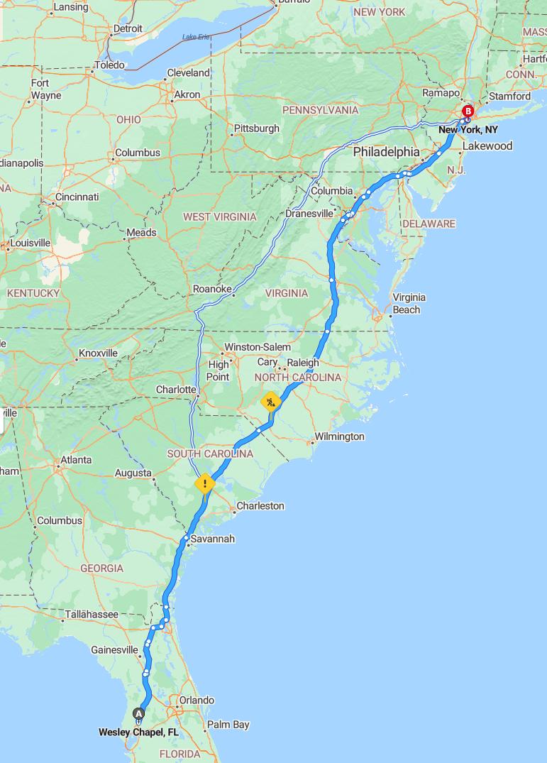 driving from Wesley Chapel, Florida to New YorkNew York - map and route