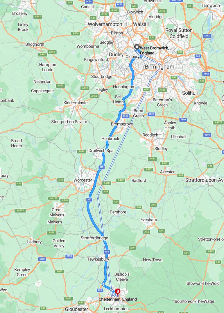 driving from West Bromwich, West Midlands to CheltenhamGloucestershire - map and route