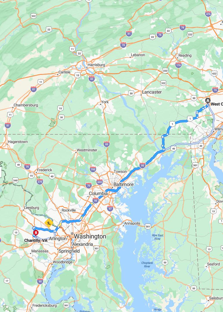 driving from West Chester, Pennsylvania to ChantillyVirginia - map and route