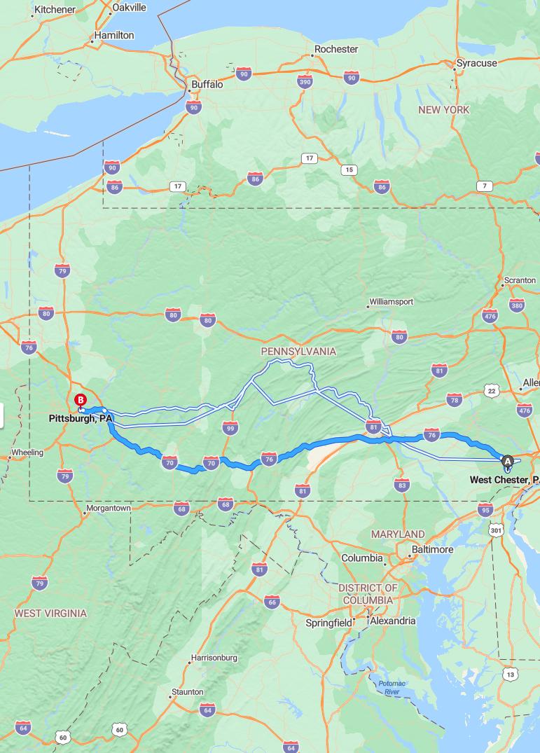 driving from West Chester, Pennsylvania to PittsburghPennsylvania - map and route