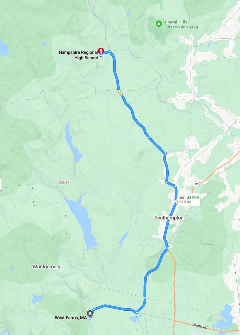 driving from West Farms, Massachusetts to Hampshire Regional High SchoolMassachusetts - map and route