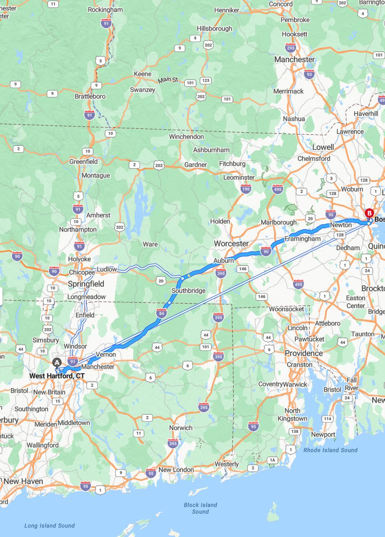 driving from West Hartford, Connecticut to BostonMassachusetts - map and route