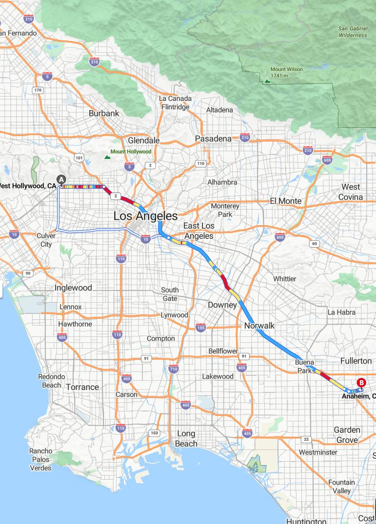driving from West Hollywood, California to AnaheimCalifornia - map and route