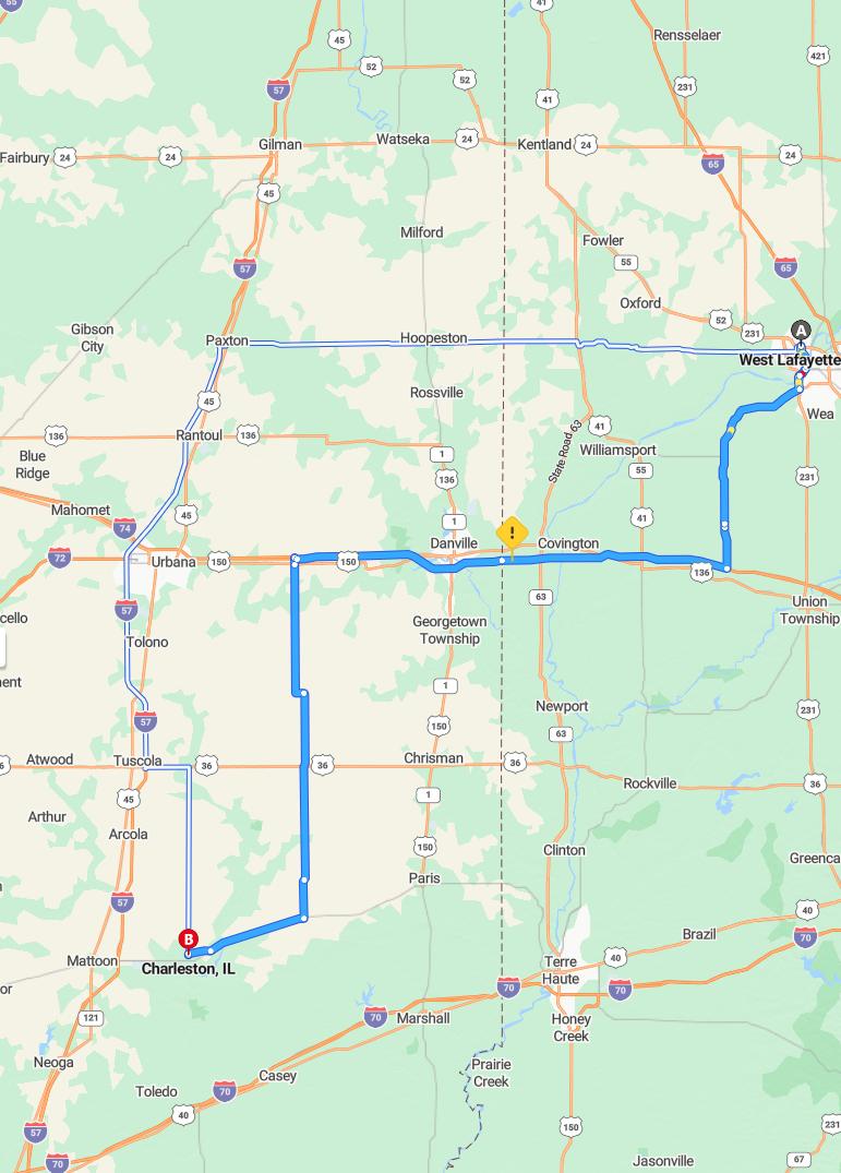driving from West Lafayette, Indiana to CharlestonIllinois - map and route