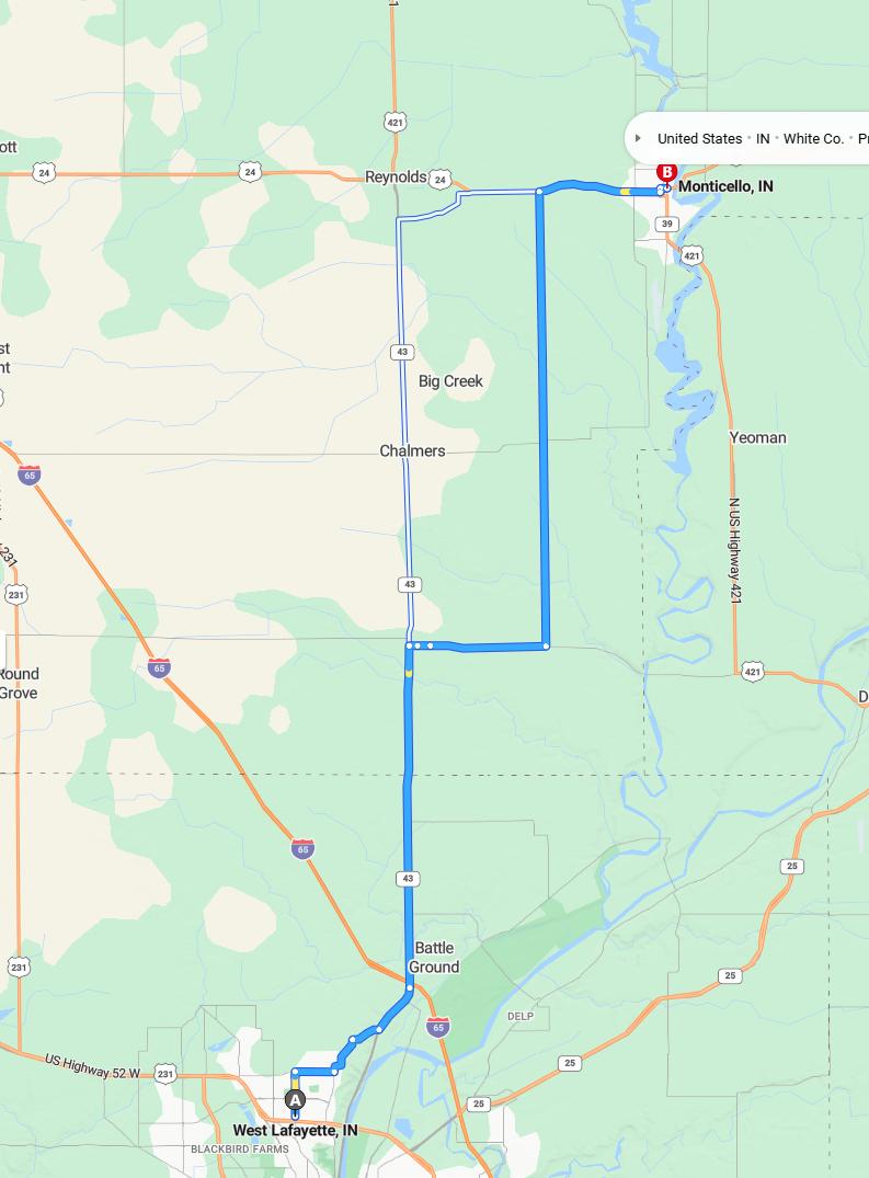 driving from West Lafayette, Indiana to MonticelloIndiana - map and route