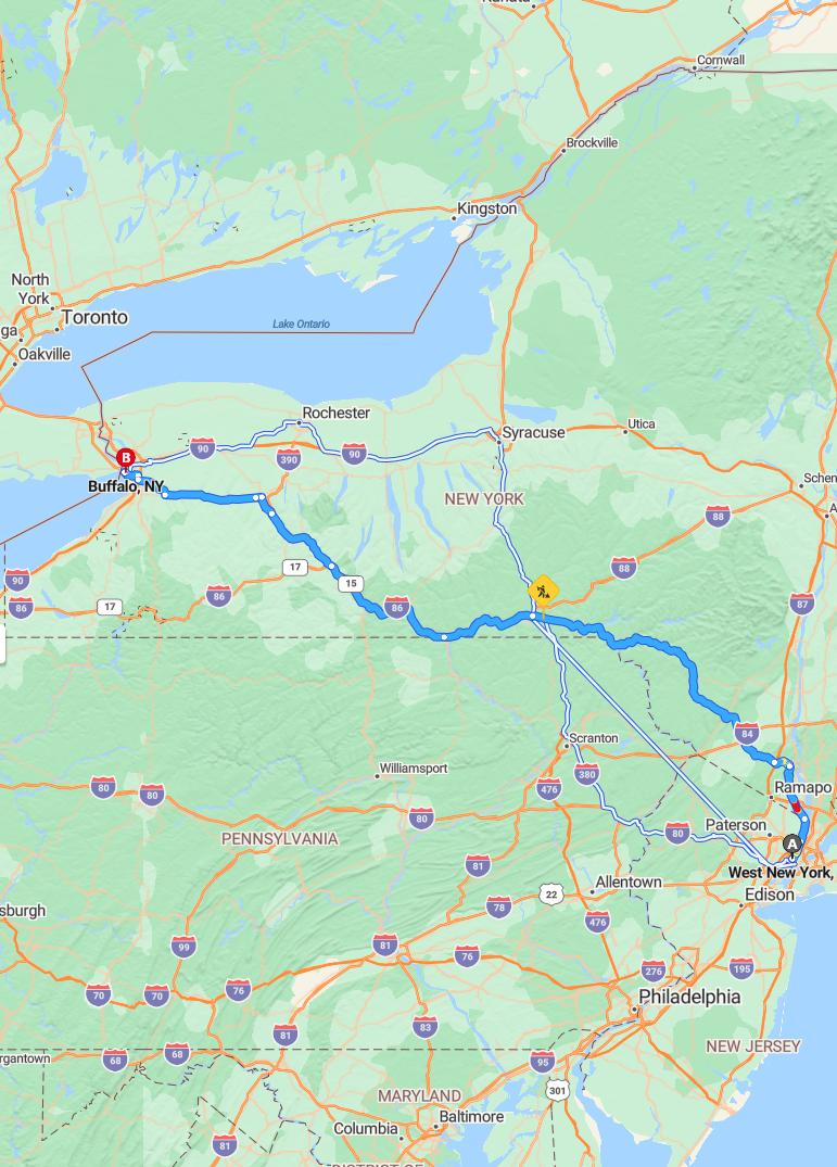 driving from West New York, New Jersey to BuffaloNew York - map and route