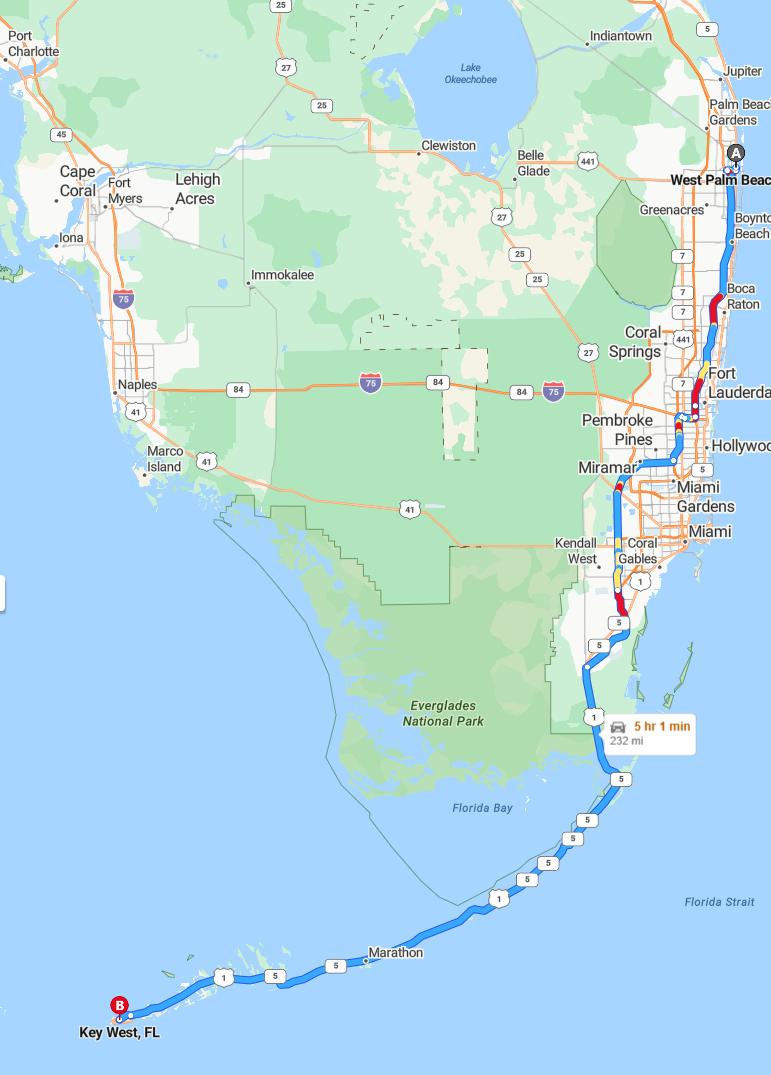 driving from West Palm Beach, Florida to Key WestFlorida - map and route