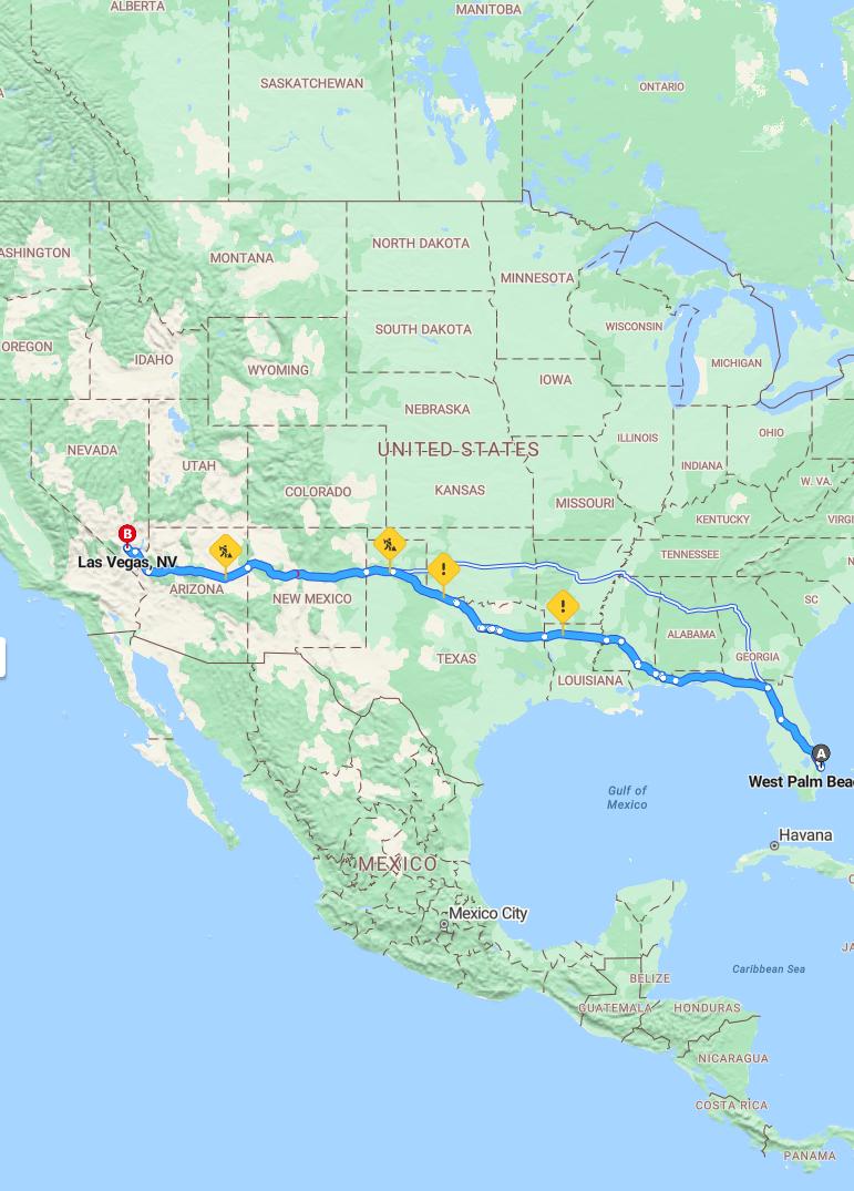 driving from West Palm Beach, Florida to Las VegasNevada - map and route