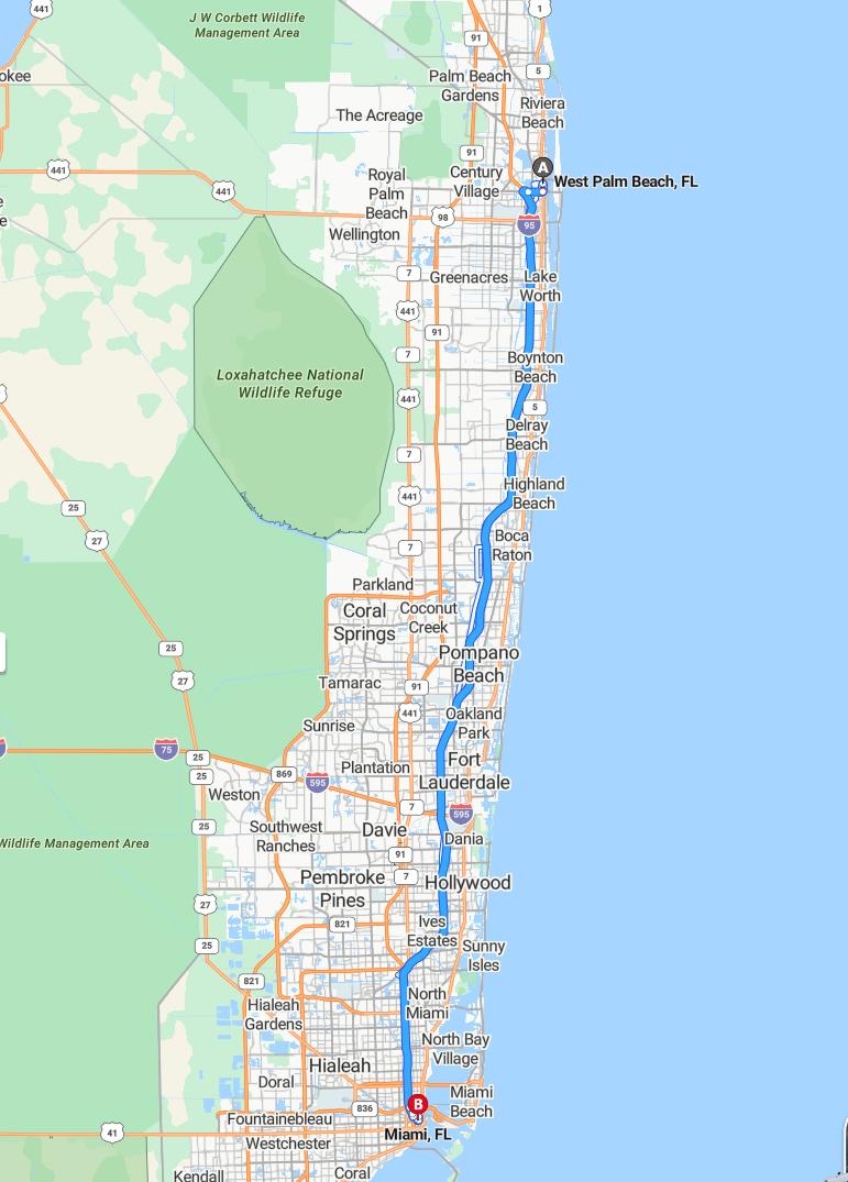 driving from West Palm Beach, Florida to MiamiFlorida - map and route