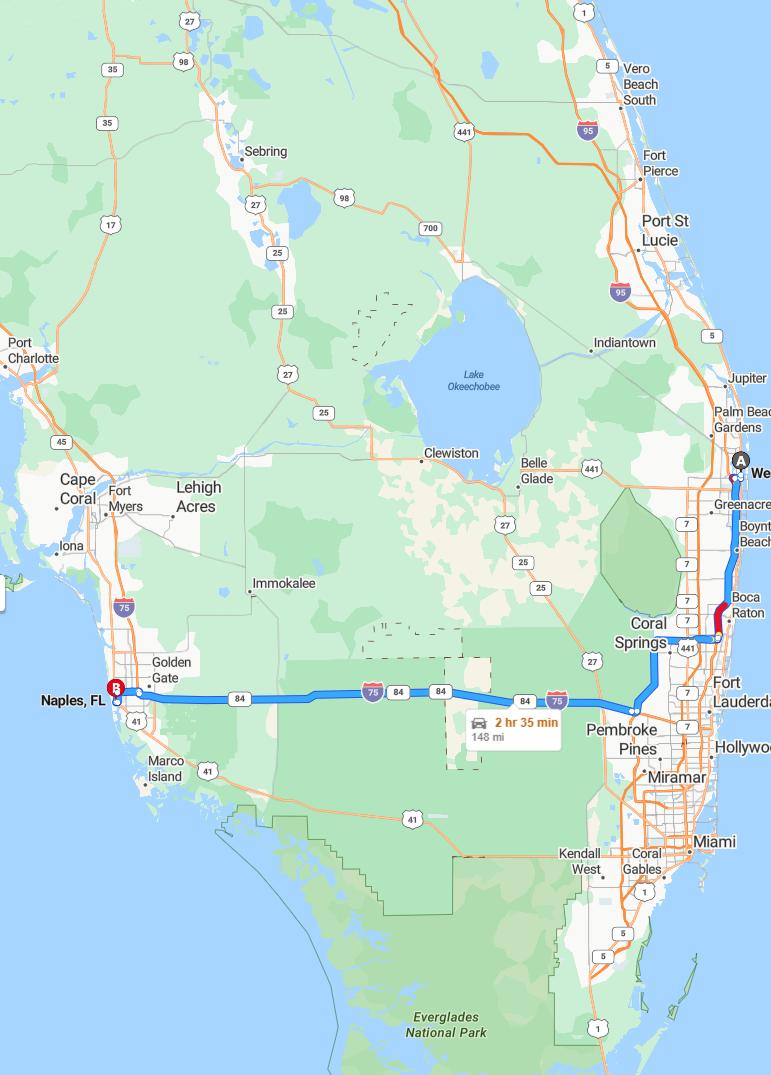 driving from West Palm Beach, Florida to NaplesFlorida - map and route