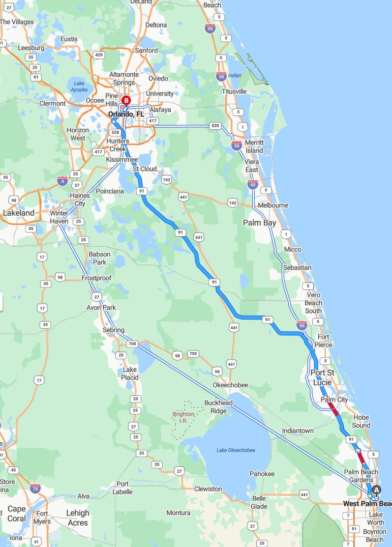 driving from West Palm Beach, Florida to OrlandoFlorida - map and route