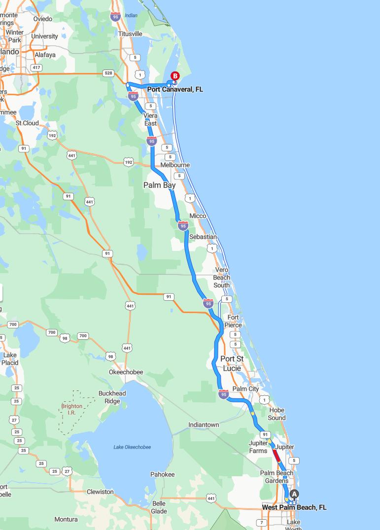 driving from West Palm Beach, Florida to Port CanaveralFlorida - map and route