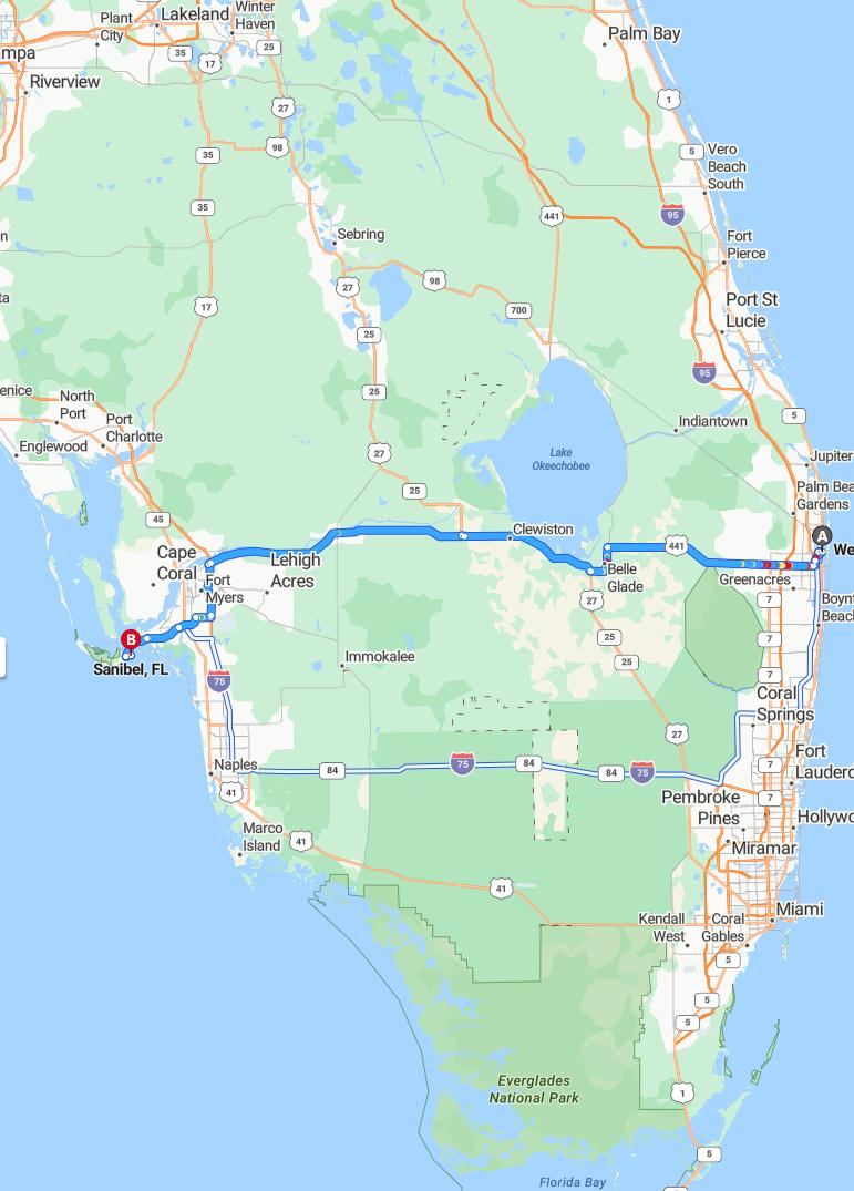 driving from West Palm Beach, Florida to SanibelFlorida - map and route