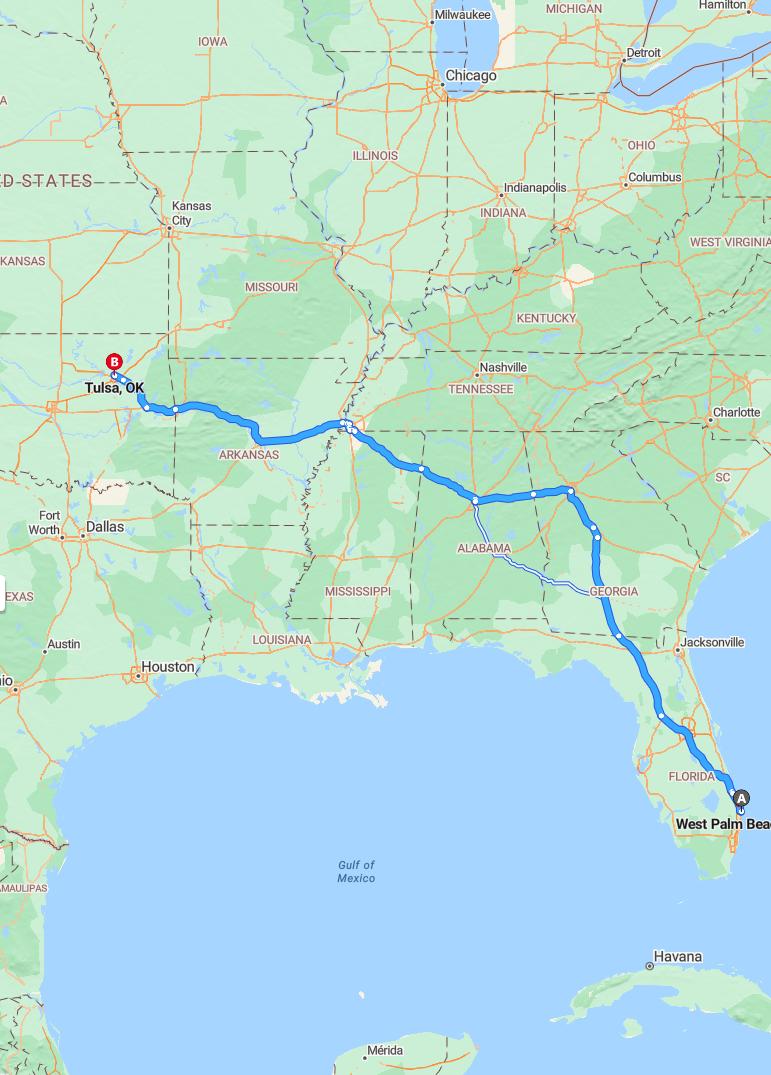 driving from West Palm Beach, Florida to TulsaOklahoma - map and route