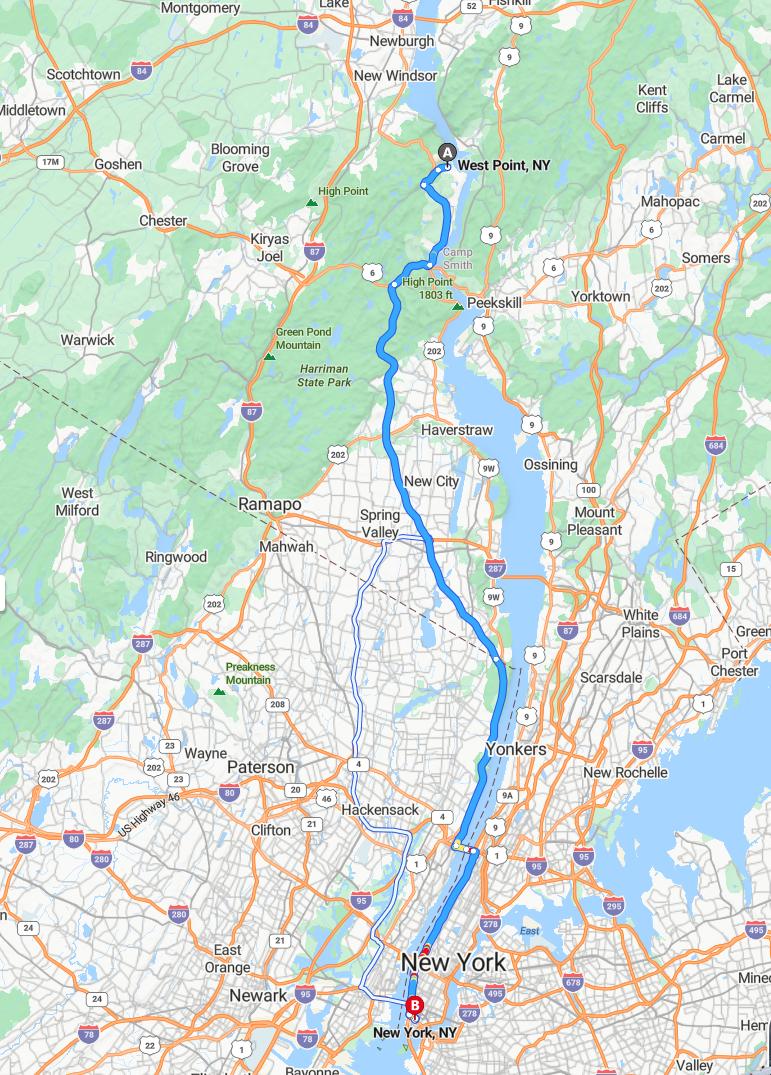 driving from West Point, New York to New York CityNew York - map and route