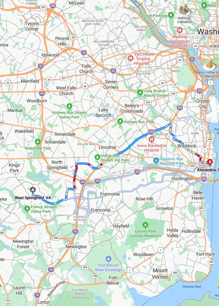 driving from West Springfield, Virginia to AlexandriaVirginia - map and route