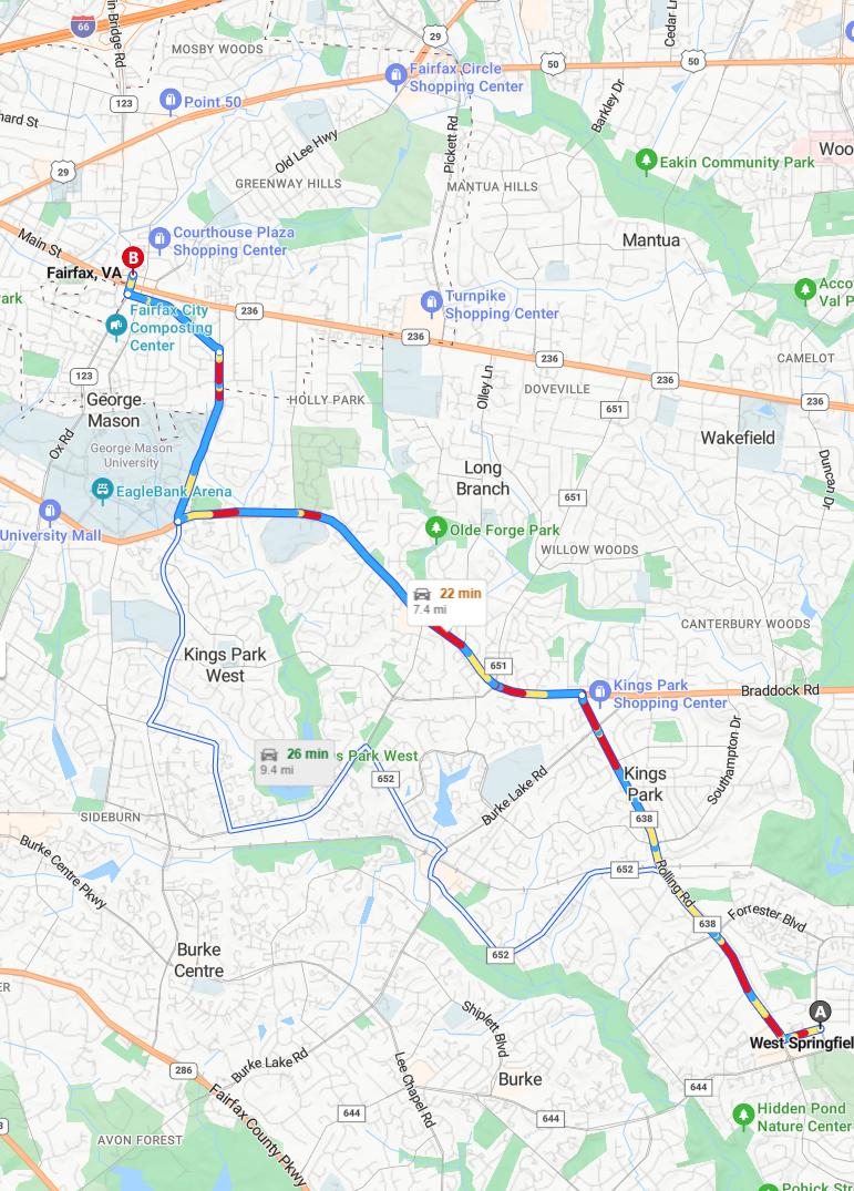 driving from West Springfield, Virginia to FairfaxVirginia - map and route