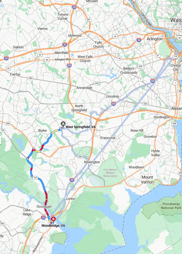 driving from West Springfield, Virginia to WoodbridgeVirginia - map and route