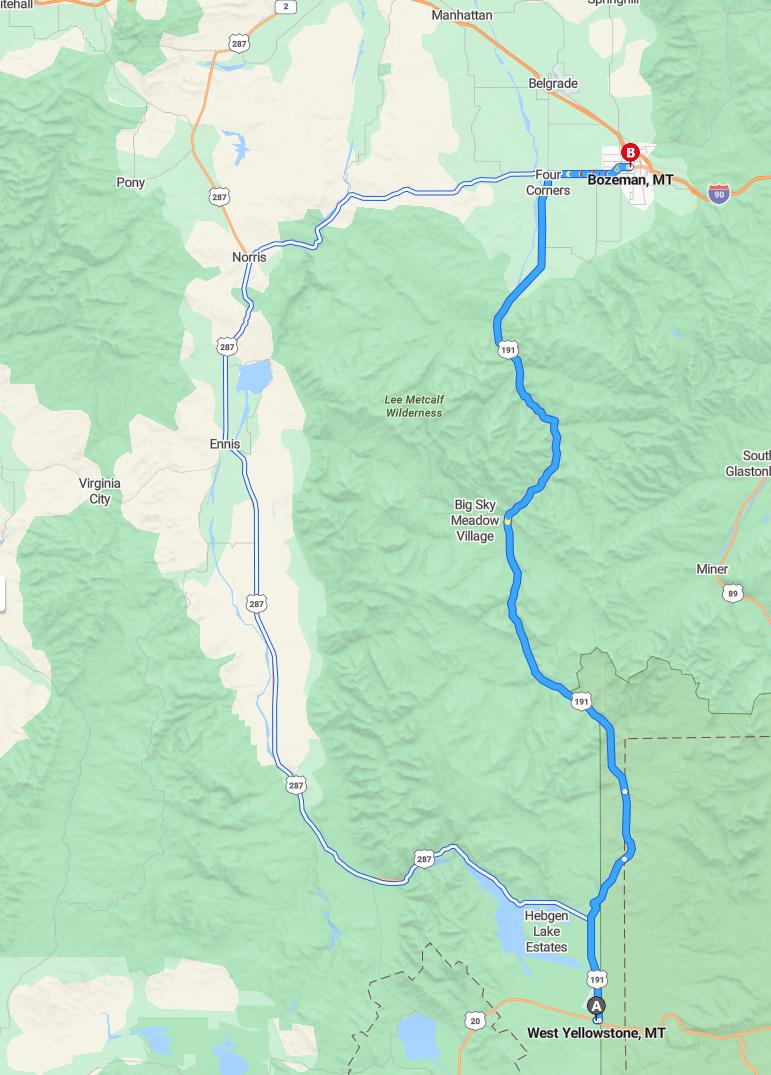 driving from West Yellowstone, Montana to BozemanMontana - map and route