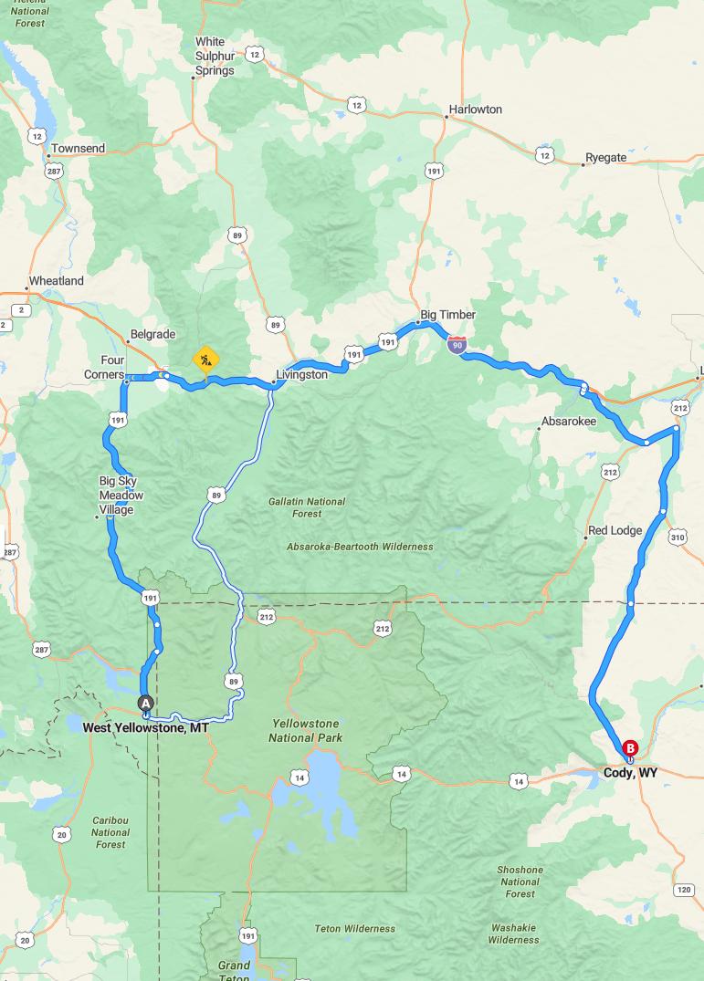 driving from West Yellowstone, Montana to CodyWyoming - map and route