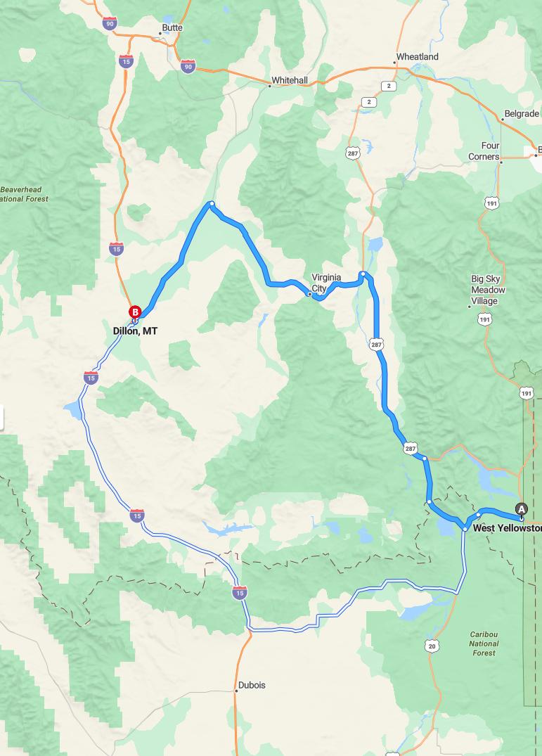 driving from West Yellowstone, Montana to DillonMontana - map and route