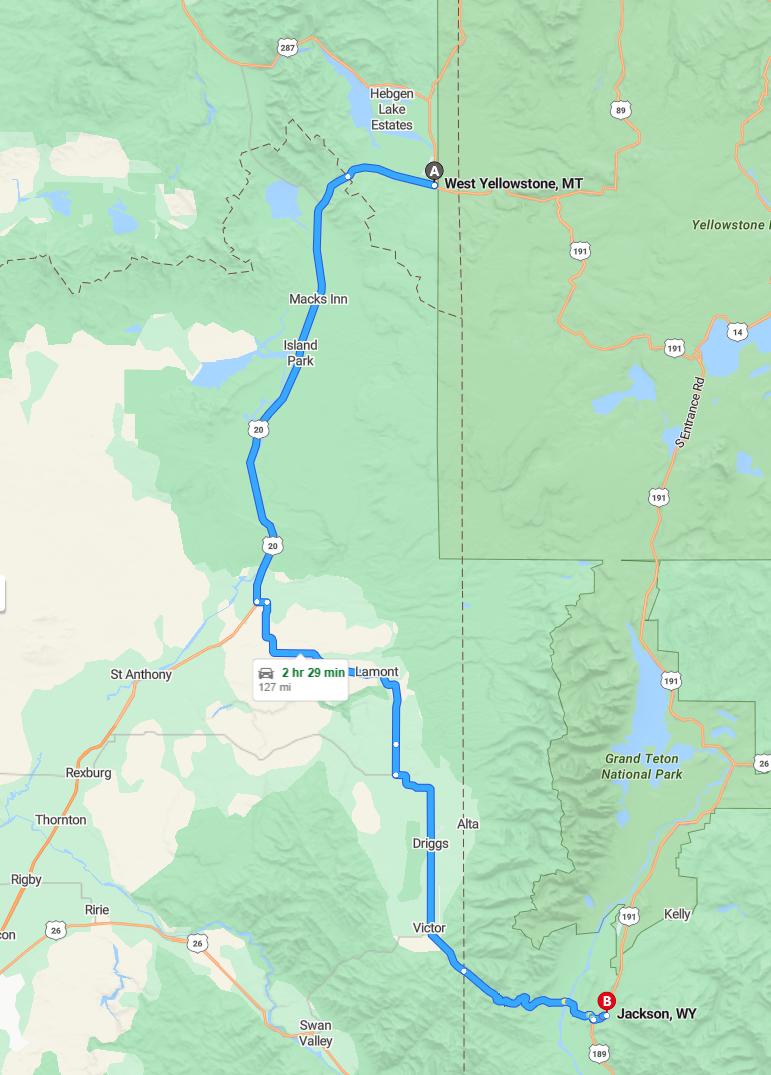 driving from West Yellowstone, Montana to JacksonWyoming - map and route