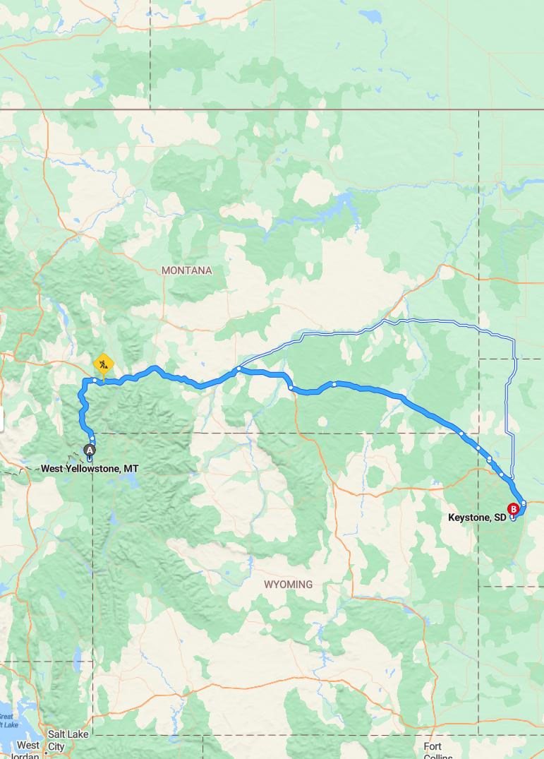 driving from West Yellowstone, Montana to KeystoneSouth Dakota - map and route