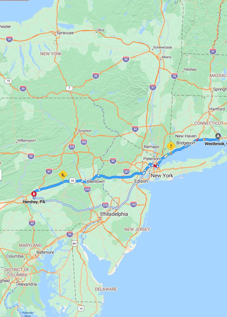 driving from Westbrook, Connecticut to HersheyPennsylvania - map and route