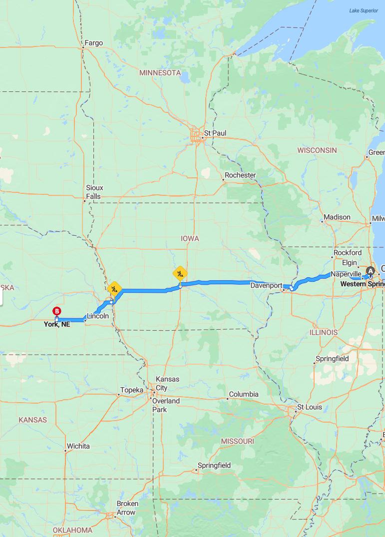 driving from Western Springs, Illinois to YorkNebraska - map and route