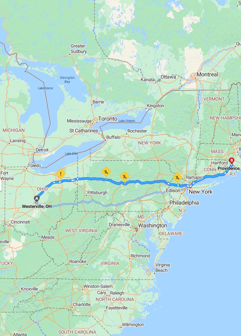 driving from Westerville, Ohio to ProvidenceRhode Island - map and route