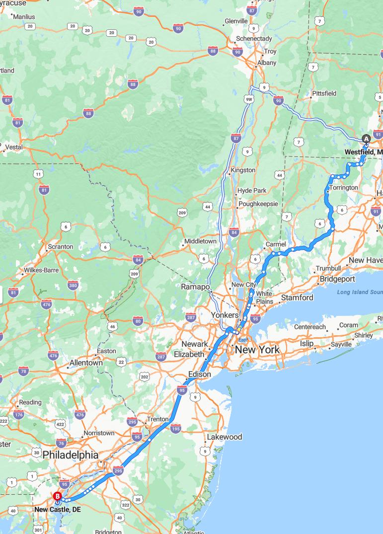 driving from Westfield, Massachusetts to New CastleDelaware - map and route