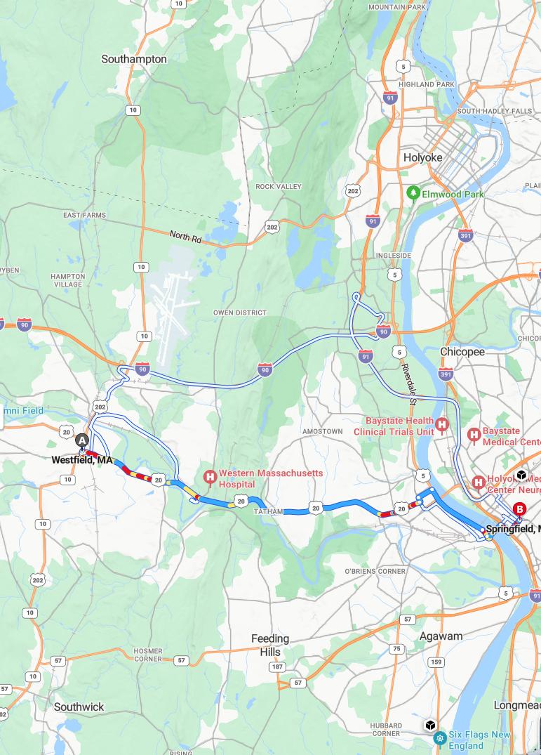 driving from Westfield, Massachusetts to SpringfieldMassachusetts - map and route