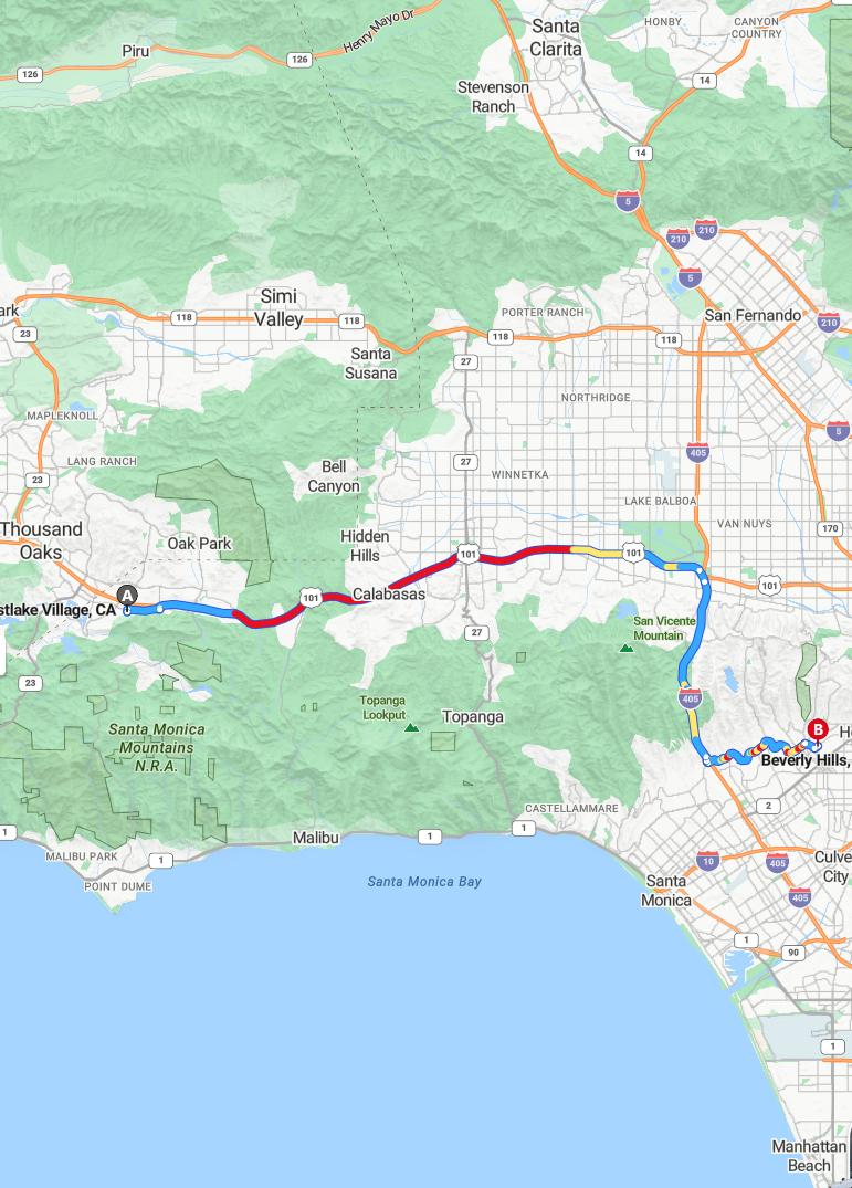 driving from Westlake Village, California to Beverly HillsCalifornia - map and route
