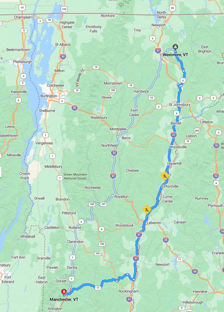 driving from Westmore, Vermont to ManchesterVermont - map and route