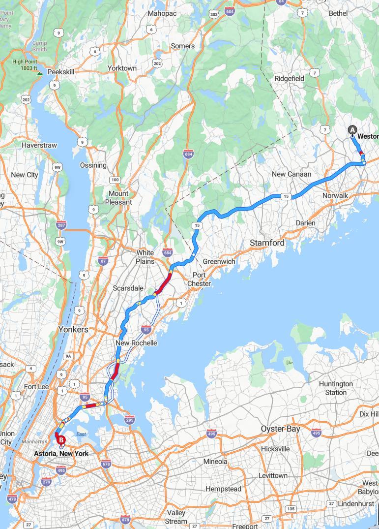 driving from Weston, Connecticut to AstoriaNew York - map and route