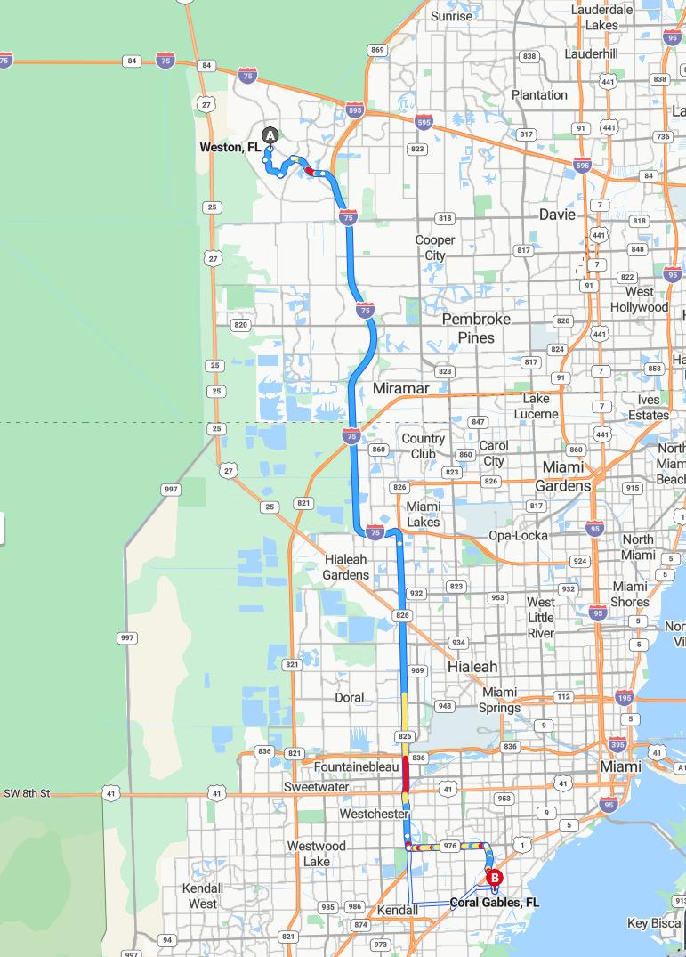 driving from Weston, Florida to Coral GablesFlorida - map and route