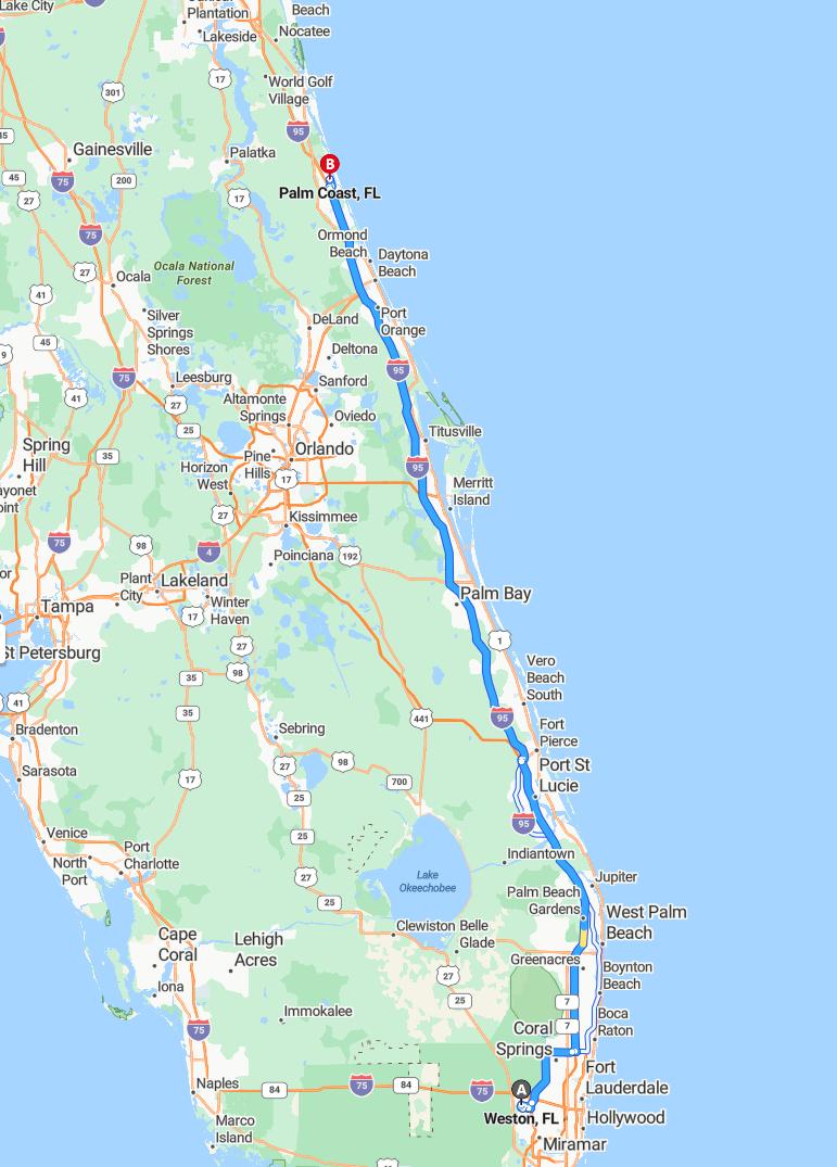 driving from Weston, Florida to Palm CoastFlorida - map and route