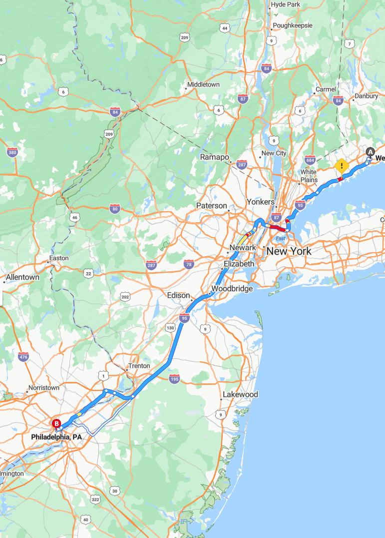 driving from Westport, Connecticut to PhiladelphiaPennsylvania - map and route