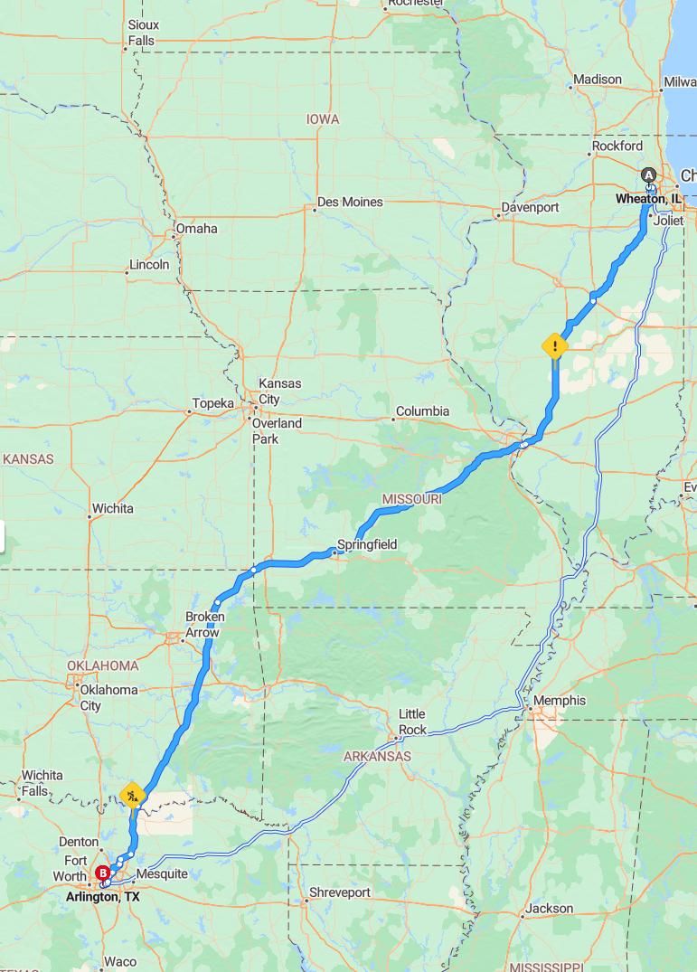 driving from Wheaton, Illinois to ArlingtonTexas - map and route