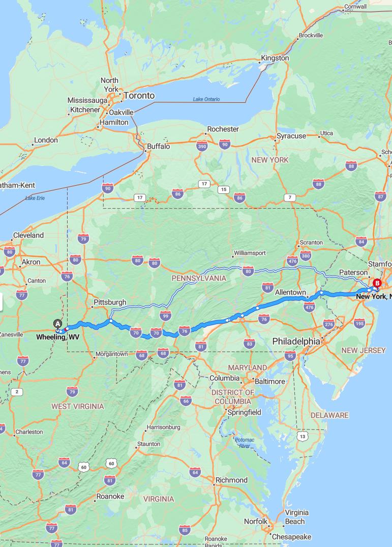 driving from Wheeling, West Virginia to New York CityNew York - map and route
