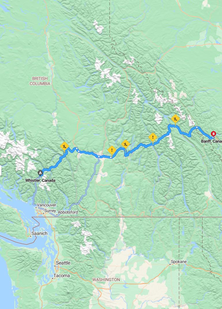 driving from Whistler, British Columbia to BanffAlberta - map and route
