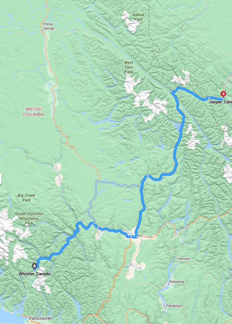 driving from Whistler, British Columbia to JasperAlberta - map and route