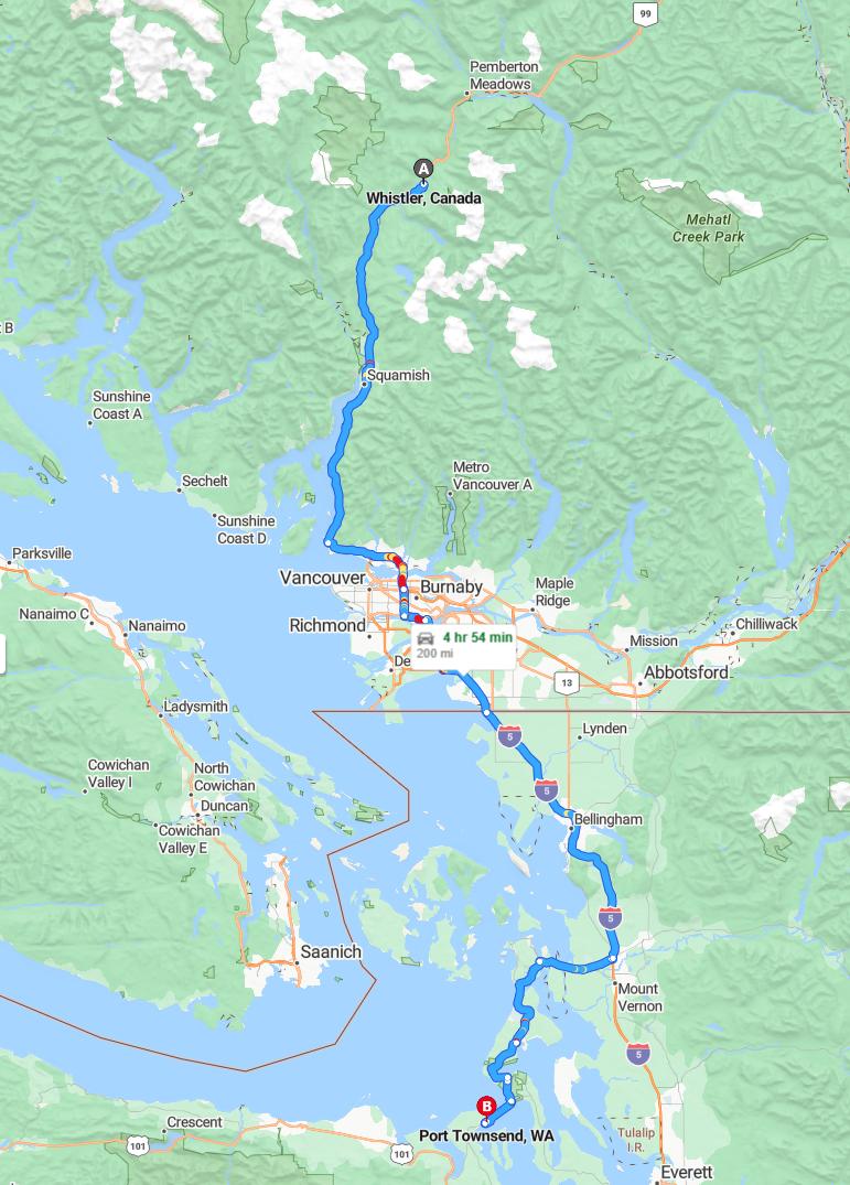 driving from Whistler, British Columbia to Port TownsendWashington - map and route