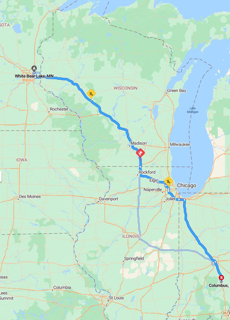 driving from White Bear Lake, Minnesota to ColumbusIndiana - map and route