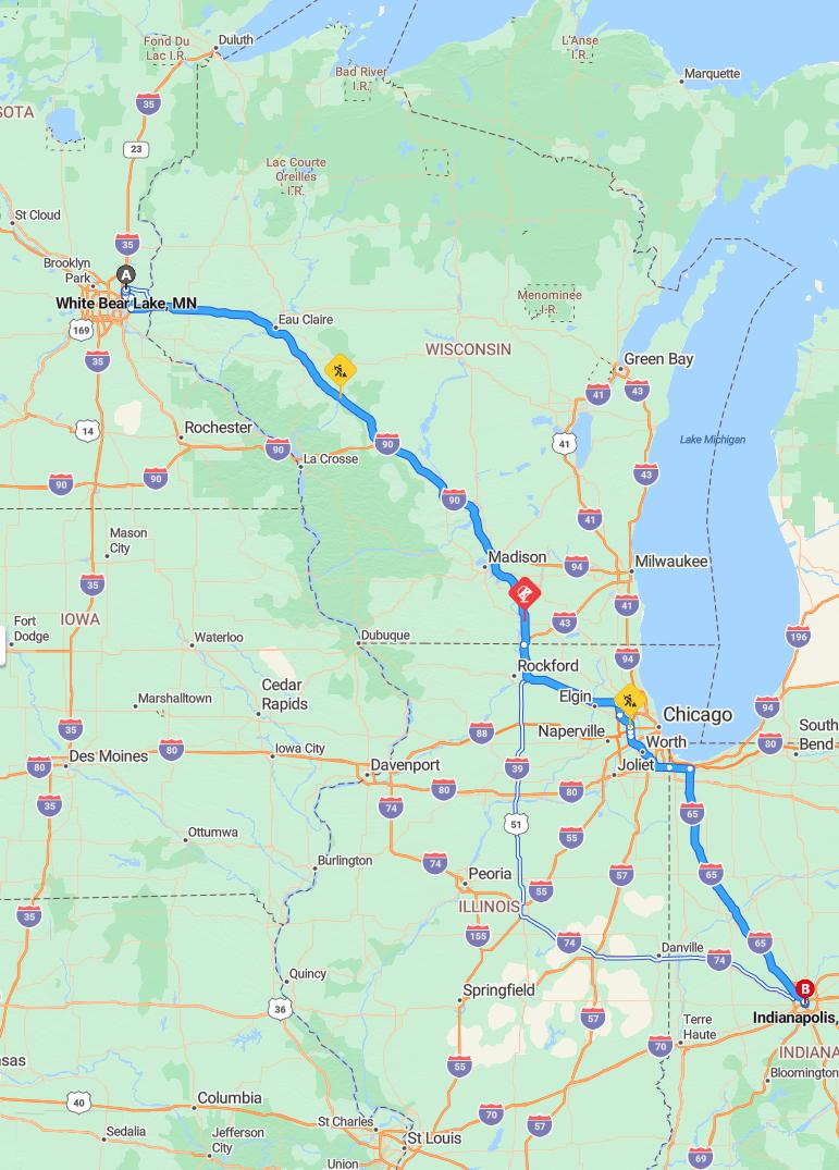 driving from White Bear Lake, Minnesota to IndianapolisIndiana - map and route