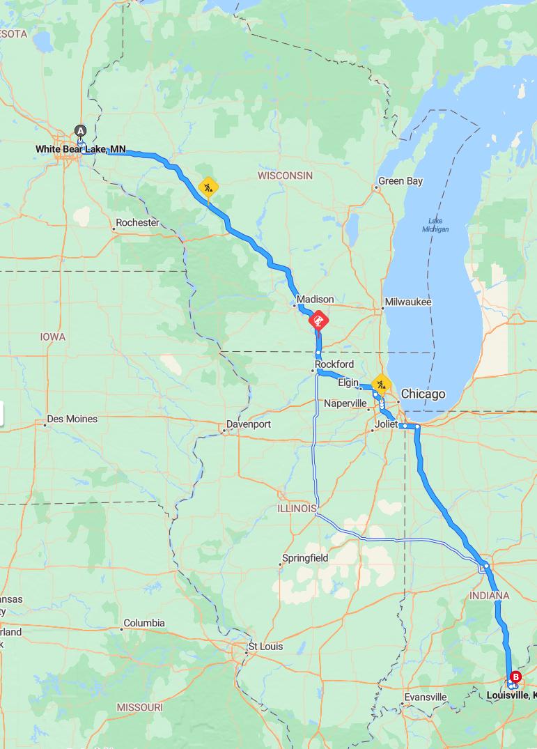 driving from White Bear Lake, Minnesota to LouisvilleKentucky - map and route