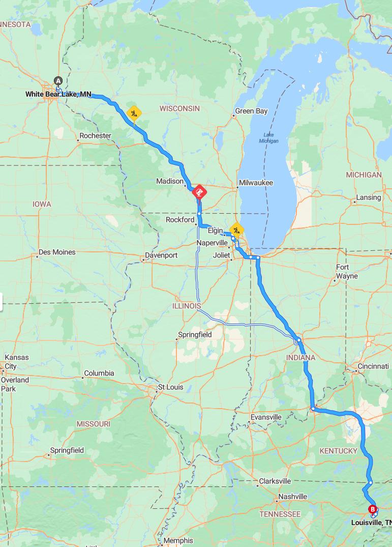 driving from White Bear Lake, Minnesota to LouisvilleTennessee - map and route